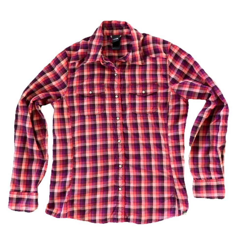 The North Face Shirt Women's Large Pearl Snap Plaid Button Up Long Sleeve Pink